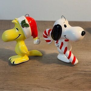 Set of 2 Vintage 1965 Ceramic Peanuts Snoopy and Woodstock Christmas Ornaments
